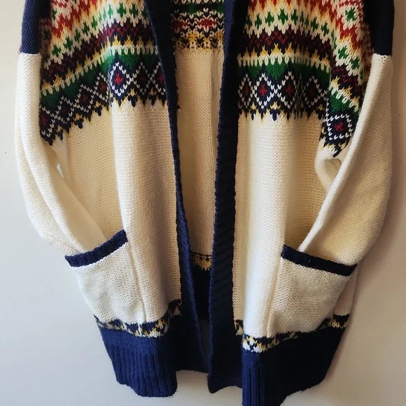 American Eagle Fair Isle Cardigan Chunky Knit Cream Navy Pockets, Size Xxl - Picture 4 of 12